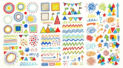 Obraz premium Colorful hand-drawn doodle elements collection with playful geometric shapes, symbols, and scribbles