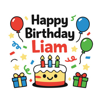Happy birthday liam colorful greeting design with birthday cake and gift boxes vector illustration presents balloons celebration greeting