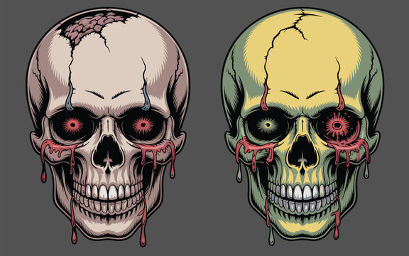 Detailed duo of creepy zombie skulls featuring exposed brains and bleeding red eyes against a dark atmospheric background.