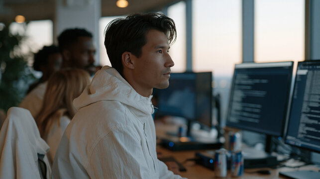 IT recovery team huddled around a command center during ransomware remediation, forensic logs scrolling across displays, portable backup drives connected, empty energy drink cans