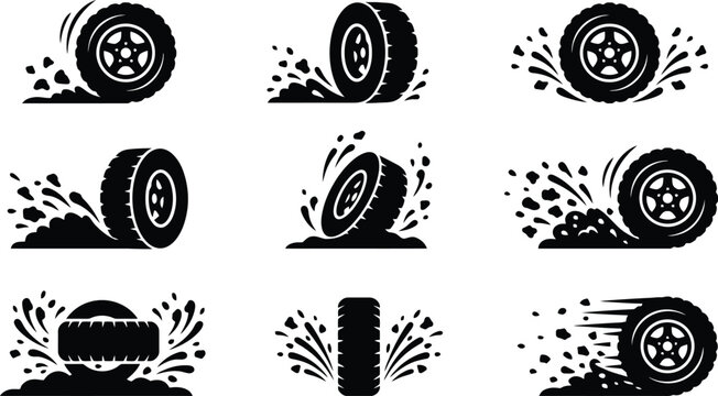 Black silhouette icons of car tires kicking up dirt and water wheel vehicle