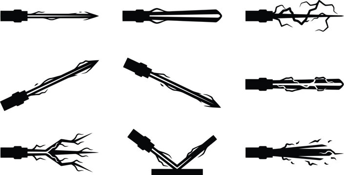 Black Silhouette Icons of Energy Beams and Electrical Discharge on White Background laser beams power beams