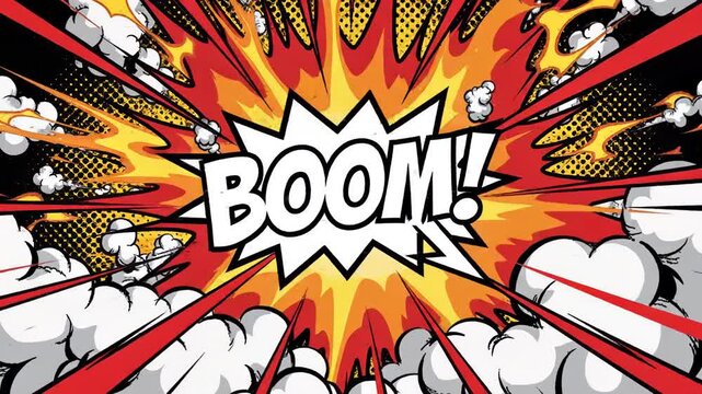 Comic book style illustration with boom text in explosion 4k video