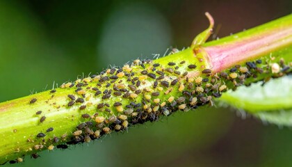 Fototapeta premium Dense Aphid Colony Clustered on a Young Plant Shoot, Macro View of Infestation