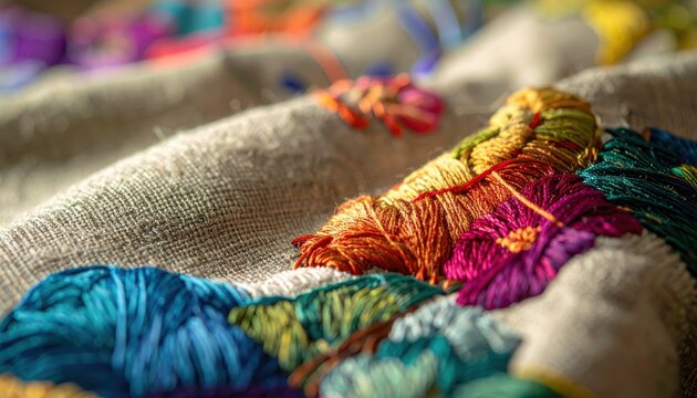 Close up of vibrant colorful threads being intricately embroidered onto textured fabric creating detailed patterns