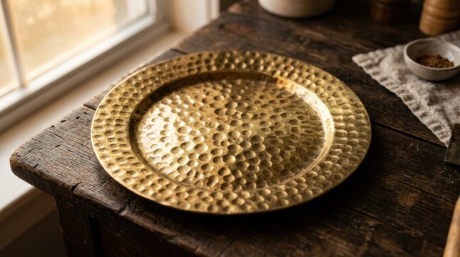 Hammered Brass Charger Plate with Ornate Pattern Resting on Rustic Wooden Surface with Soft Window Light