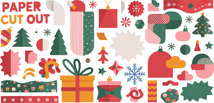 Christmas paper cut out elements for festive collage including tree gift box snowflake and decorative winter holiday symbols.