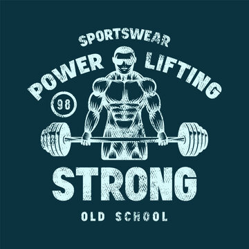 Emblem with powerlifter silhouette. Gym, workout, bodybuilding and athletic  theme. Graphic design with rough texture for t-shirt. Blue print on dark background