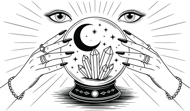 Mystical line art illustration of fortune teller hands holding a crystal ball with crescent moon and stars, divine eyes watching.