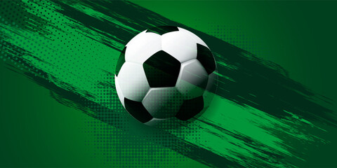 Modern soccer banner background featuring a football with dynamic abstract shapes, halftone textures, and stylized field elements. © Muis