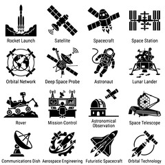 Space Exploration Icons Rocket Satellite Astronaut And Telescope Silhouettes © sabrina1122