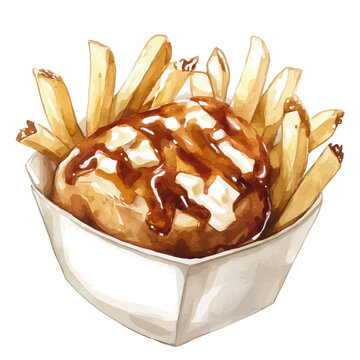 Poutine, vector watercolor, clipart, isolated on a white background.