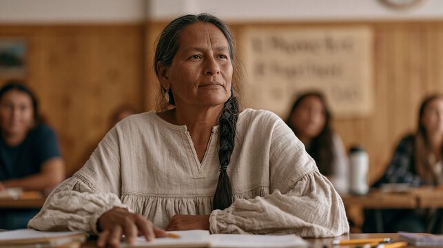 Lakota language immersion class for adults meets in a reservation community hall, a hand-drawn phonetics chart on the wall, mixed ages from twenties to sixties concentrating on