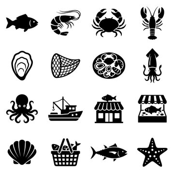 Seafood Icons Collection Black Silhouettes On White Background
