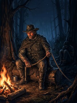 A Man's Vigil: A lone frontiersman, clad in rugged attire and a wide-brimmed hat, sits by a crackling campfire in a dark, mysterious forest, tending to a rope. In the shadowy background.