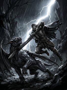 Dragon Slayer's Fury: A fierce warrior clad in armor battles a mythical dragon amidst a raging storm, wielding a glowing sword against the monstrous beast as lightning illuminates the dark.