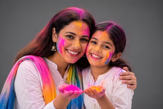 Indian mother and daughter enjoying Holi playdates and holding colorful powder on hands