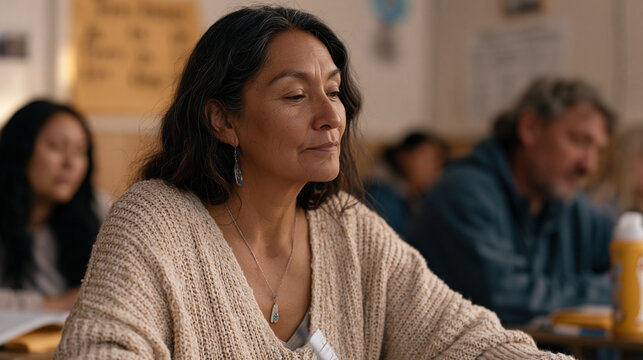 Lakota language immersion class for adults meets in a reservation community hall, a hand-drawn phonetics chart on the wall, mixed ages from twenties to sixties concentrating on
