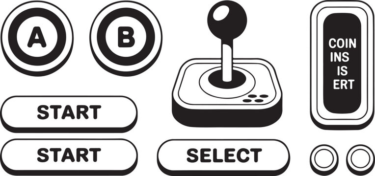 Retro arcade machine interface elements including joystick and control buttons with start select and coin insert label stickers.