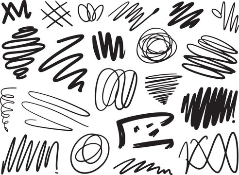 Set of various hand drawn scribble effect lines and shapes for abstract art and creative backgrounds.