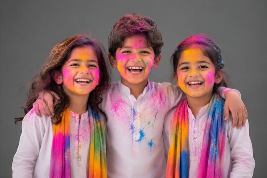 Three Indian children smiling and celebrating Holi playdates in colorful festival outfits