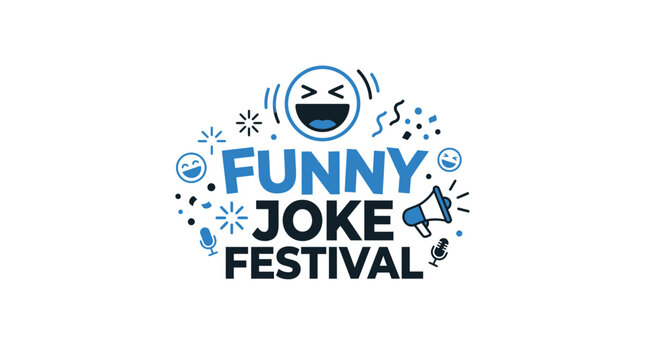 Funny Joke Festival Logo with Laughing Emoji, Megaphone, and Microphones
