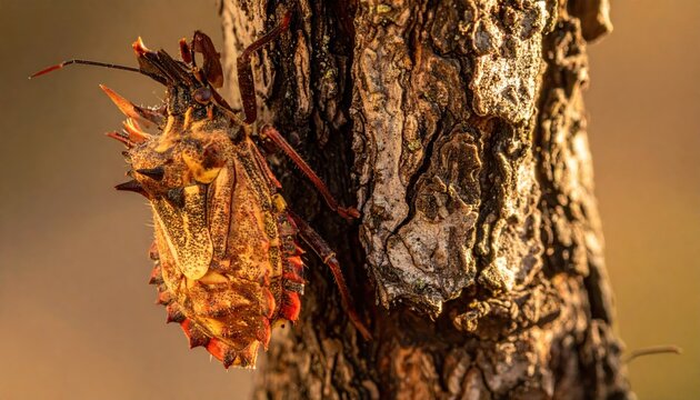 Detailed Macro View of a Spiky Thorn Bug Clinging to Textured Tree Bark