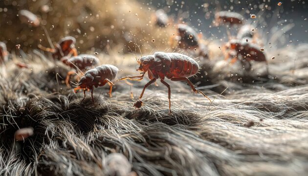 Close-up of fleas crawling and leaping across textured fur, showcasing microscopic detail and movement