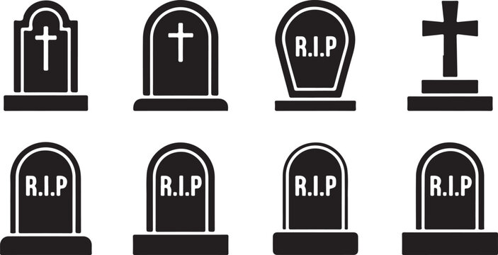 Tombstone graveyard icons set cemetery headstone symbols funeral memorial rip graves burial ground mourning sadness death monument.