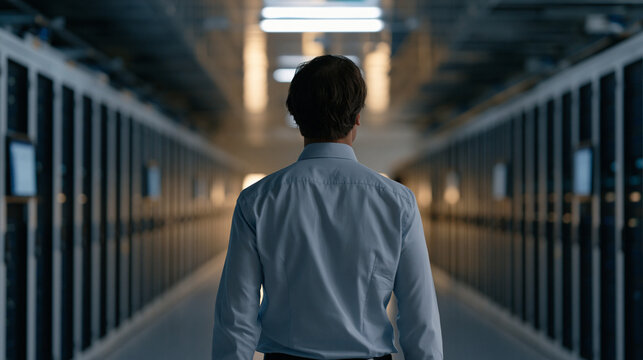 Data center facilities engineer walking between towering server racks cooled by liquid immersion tanks inside a green hydrogen-powered facility, energy efficiency dashboards