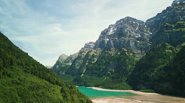 Kl&ouml;ntal valley in canton of Glarus, Switzerland with natural lake Kl&ouml;ntalersee