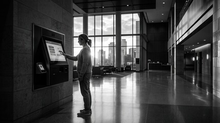 Fototapeta premium Modern Woman Interacting With Digital Kiosk In Contemporary Lobby