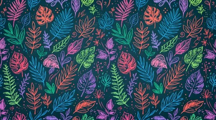 Fototapeta premium Seamless botanical leaf pattern with colorful hand-drawn foliage on dark background