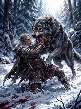 Man Fighting Wolf in Winter: A desperate struggle unfolds as a rugged man, clad in weathered medieval attire, grapples fiercely with a ferocious wolf amidst a snow-covered forest.