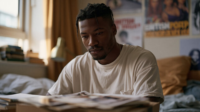 Nigerian-British university student unpacks a box of family photographs and Yoruba language textbooks in a London dormitory room, back-to-school August light slanting through the