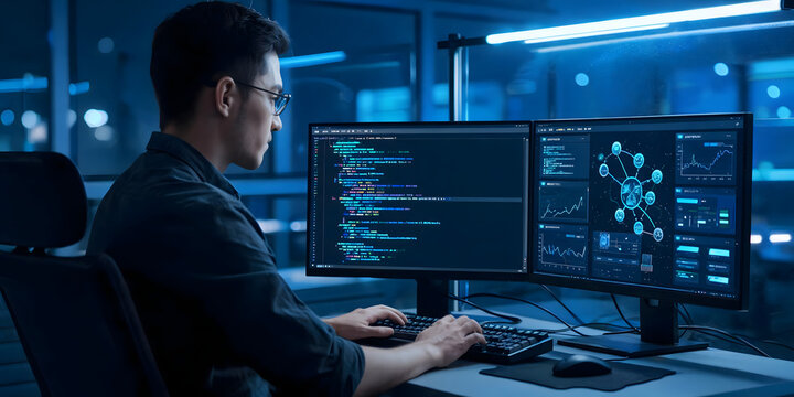 Software developer working on dual monitors with code and analytics screens.