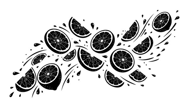Black and white sliced oranges illustration.