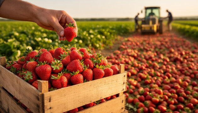Close up of a farmer hand placing a freshly picked ripe red strawberry into a wooden crate at sunset with agricultural workers and a green tractor in the background