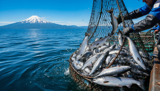 Commercial fisherman pulling a massive heavy net completely full of fresh silver salmon fish from the deep blue ocean water with a snow capped mountain in background