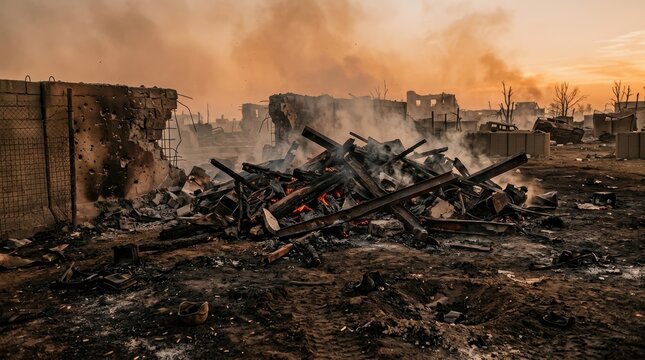 Remains of a building ablaze with smoke and debris against an orange sky