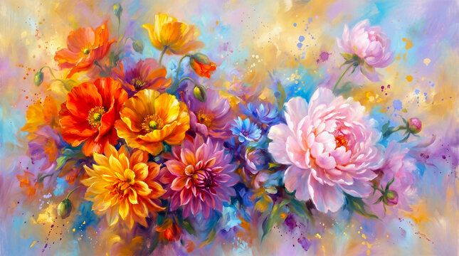 Vibrant bouquet of colorful flowers on abstract background with splatters 4k