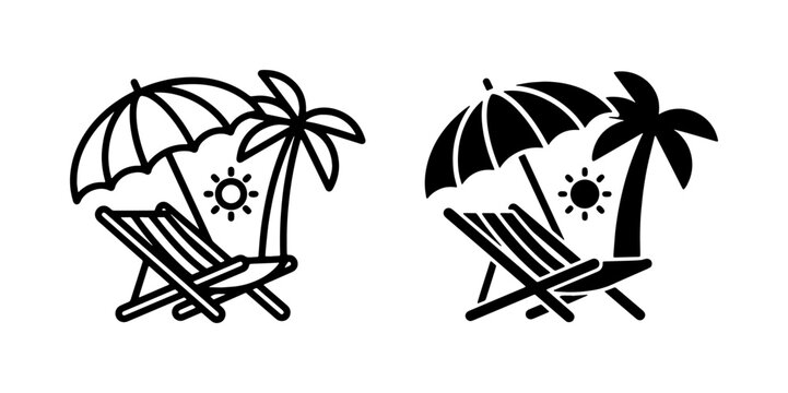 Beach vacation icons, tropical relaxation, sun umbrella, lounge chair, palm tree, summer holiday symbols, travel vector graphics