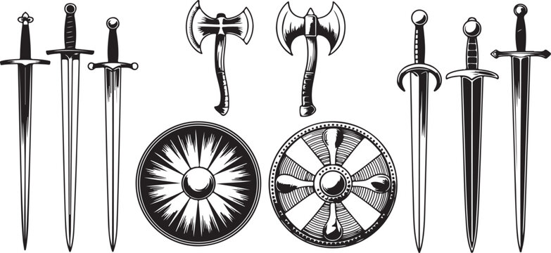 Collection of medieval weapons including swords axes and round shields isolated set for historical fantasy battle game equipment.