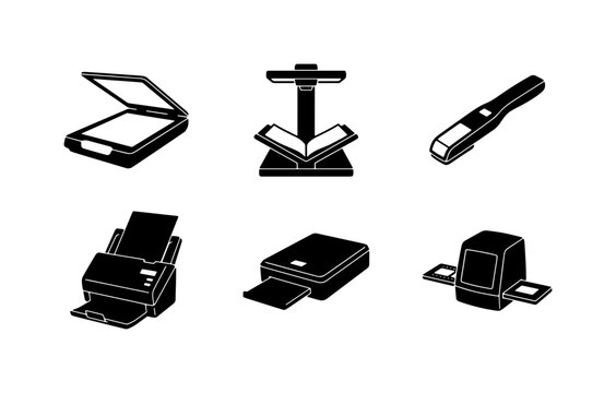 Office Equipment Icons: Flat Scanner, Book Scanner, Handheld Scanner, Printer, Fax Machine, Label Printer Vector Set