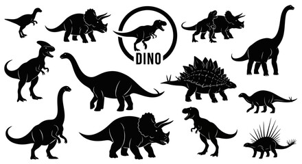 Dynamic collection of prehistoric dinosaur silhouettes featuring various species, perfect for educational materials, design projects, and ancient world themes © imran