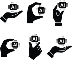 Obraz premium Hand Holding AI Microchip Silhouette Vector Set Artificial Intelligence Technology Concept