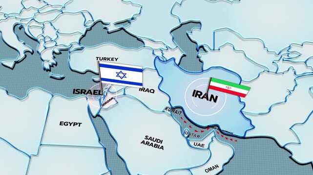 A 3D world map highlights Israel, and Iran, the Middle East, IRAN map, Israel map, iran israel war, iran israel map, ISRAEL FLAG, IRAN FLAG,