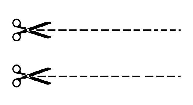 Simple graphic illustration featuring two pairs of open scissors with dashed lines, symbolizing a 'cut here' instruction or a template for crafting and design projects