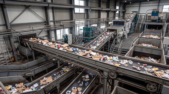 Modern waste sorting and recycling facility with automated conveyor systems processing mixed recyclable materials. Ideal for sustainability reports, circular economy campaigns