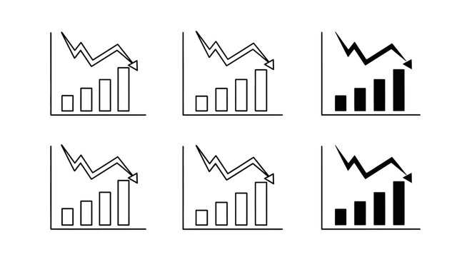 Set of business growth and decline graphs with upward and downward trends illustrated in black and white